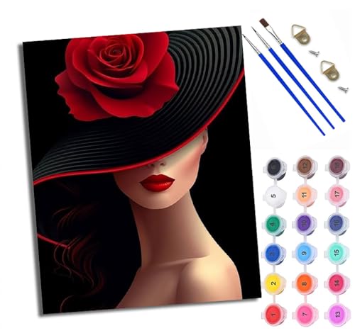 Malen Nach Zahlen Erwachsene Paint by Numbers Malen Nach Zahlen mit Pinseln und Acrylfarben Rote Rose und schwarzer Hut Handgemalte Ölgemälde Leinwand für Home Décor Ohne Rahmen von WXRWANG
