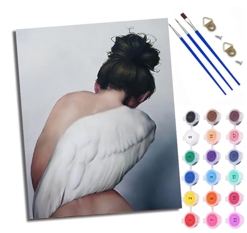 Malen Nach Zahlen Erwachsene Paint by Numbers Malen Nach Zahlen mit Pinseln und Acrylfarben Rückansicht und weiße Flügel Handgemalte Ölgemälde Leinwand für Home Décor Ohne Rahmen von WXRWANG
