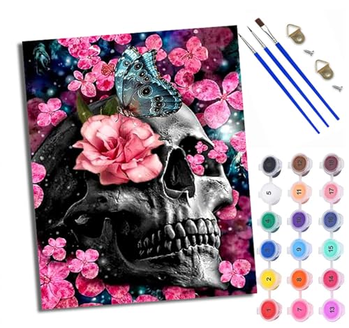 Malen Nach Zahlen Erwachsene Paint by Numbers Malen Nach Zahlen mit Pinseln und Acrylfarben Schmetterling, Blume, Totenkopf Handgemalte Ölgemälde Leinwand für Home Décor Ohne Rahmen von WXRWANG