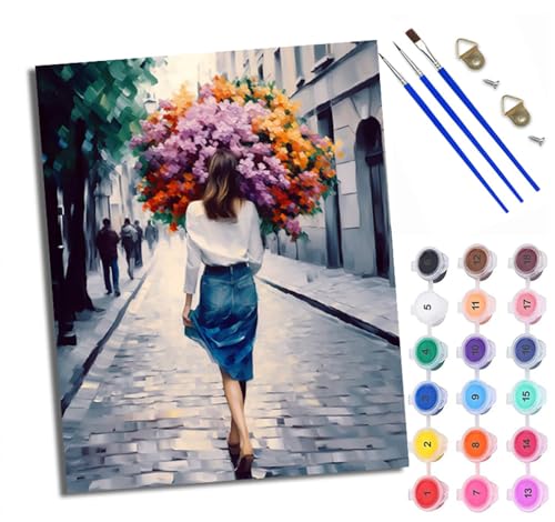 Malen Nach Zahlen Erwachsene Paint by Numbers Malen Nach Zahlen mit Pinseln und Acrylfarben Schöne Frau mit Blumen Handgemalte Ölgemälde Leinwand für Home Décor Ohne Rahmen von WXRWANG