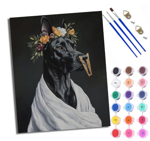 Malen Nach Zahlen Erwachsene Paint by Numbers Malen Nach Zahlen mit Pinseln und Acrylfarben Schwarzer Welpe trägt einen Kranz Handgemalte Ölgemälde Leinwand für Home Décor Ohne Rahmen von WXRWANG