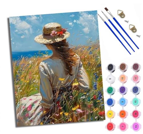 Malen Nach Zahlen Erwachsene Paint by Numbers Malen Nach Zahlen mit Pinseln und Acrylfarben Strohhut-Frau mit Blick auf das Meer Handgemalte Ölgemälde Leinwand für Home Décor Ohne Rahmen von WXRWANG