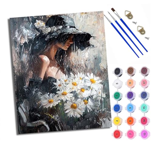 Malen Nach Zahlen Erwachsene Paint by Numbers Malen Nach Zahlen mit Pinseln und Acrylfarben Trägt einen Blumenhut und hält Gänseblümchen Handgemalte Ölgemälde Leinwand für Home Décor Ohne Rahmen von WXRWANG
