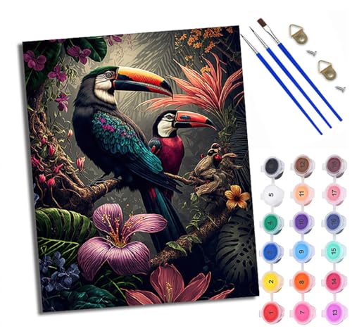 Malen Nach Zahlen Erwachsene Paint by Numbers Malen Nach Zahlen mit Pinseln und Acrylfarben Tukan im Dschungel Handgemalte Ölgemälde Leinwand für Home Décor Ohne Rahmen von WXRWANG
