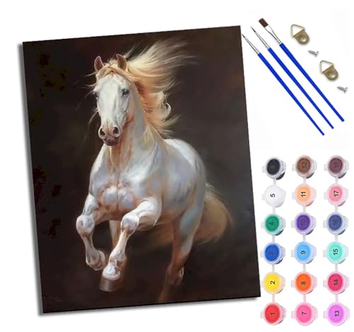 Malen Nach Zahlen Erwachsene Paint by Numbers Malen Nach Zahlen mit Pinseln und Acrylfarben Weißes Pferd im Galopp Handgemalte Ölgemälde Leinwand für Home Décor Ohne Rahmen von WXRWANG