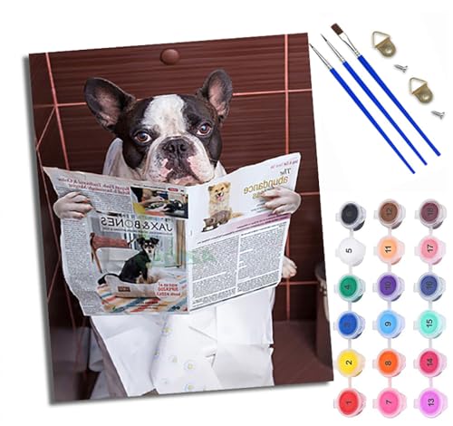 Malen Nach Zahlen Erwachsene Paint by Numbers Malen Nach Zahlen mit Pinseln und Acrylfarben Welpe liest Zeitung auf der Toilette Handgemalte Ölgemälde Leinwand für Home Décor Ohne Rahmen von WXRWANG