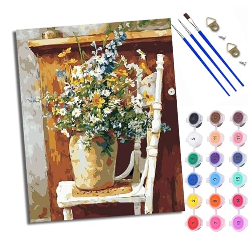 Malen Nach Zahlen ErwachseneKleine Szene mit Blumen in einer Vase auf einem Stuhl DIY handgemaltes Ölgemälde Set für Anfänger und Erwachsene Acrylfarbe Kreative Heimdekoration Geschenk Weihnachten von WXRWANG