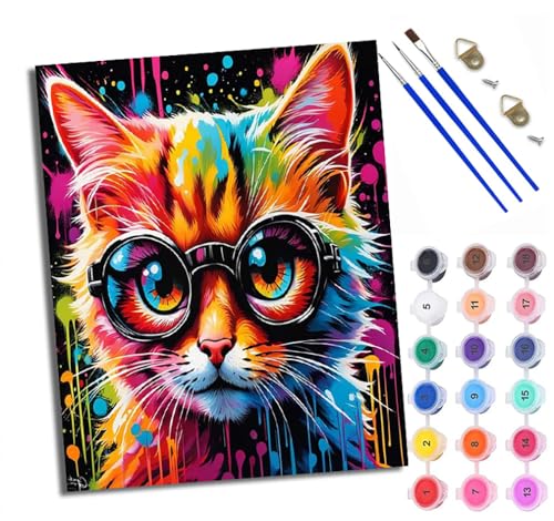 Malen Nach Zahlen Für Erwachsene Bunte Katze mit Brille Malen Nach Zahlen Erwachsene Malen Nach Zahlen DIY Malen-Nach-Zahlen Kits Rahmenlose Leinwand Mit 3 Pinseln - 16 * 20 Zoll von WXRWANG