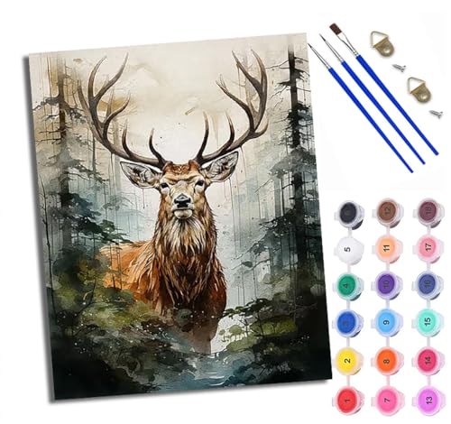 Malen Nach Zahlen Für Erwachsene Hirsch im Wald Malen Nach Zahlen Erwachsene Malen Nach Zahlen DIY Malen-Nach-Zahlen Kits Rahmenlose Leinwand Mit 3 Pinseln - 16 * 20 Zoll von WXRWANG