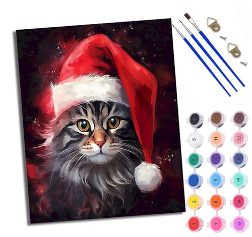 Malen Nach Zahlen Für Erwachsene Katze mit rotem Hut Malen Nach Zahlen Erwachsene Malen Nach Zahlen DIY Malen-Nach-Zahlen Kits Rahmenlose Leinwand Mit 3 Pinseln - 16 * 20 Zoll von WXRWANG