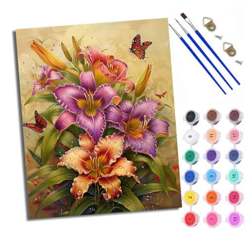 Malen Nach Zahlen Für Erwachsene Lilienschmetterling Malen Nach Zahlen Erwachsene Malen Nach Zahlen DIY Malen-Nach-Zahlen Kits Rahmenlose Leinwand Mit 3 Pinseln - 16 * 20 Zoll von WXRWANG