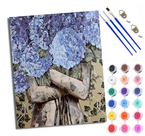 Malen Nach Zahlen Für Erwachsene Mädchen hält blaue Blumen Malen Nach Zahlen Erwachsene Malen Nach Zahlen DIY Malen-Nach-Zahlen Kits Rahmenlose Leinwand Mit 3 Pinseln - 16 * 20 Zoll von WXRWANG