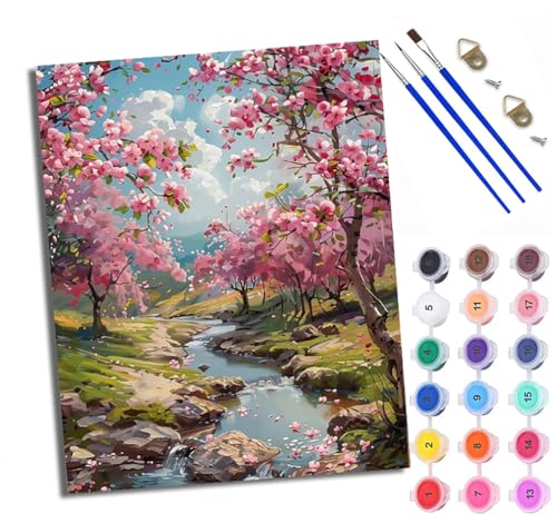 Malen Nach Zahlen Für Erwachsene Rosa Blume Wald Bach Malen Nach Zahlen Erwachsene Malen Nach Zahlen DIY Malen-Nach-Zahlen Kits Rahmenlose Leinwand Mit 3 Pinseln - 16 * 20 Zoll von WXRWANG