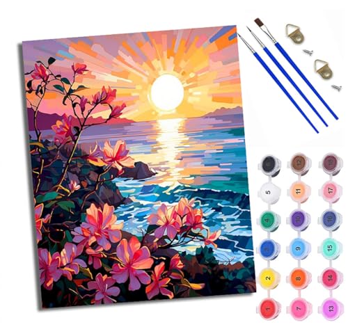 Malen Nach Zahlen Für Erwachsene Sonnenaufgang und Blumen am Meer Malen Nach Zahlen Erwachsene Malen Nach Zahlen DIY Malen-Nach-Zahlen Kits Rahmenlose Leinwand Mit 3 Pinseln - 16 * 20 Zoll von WXRWANG