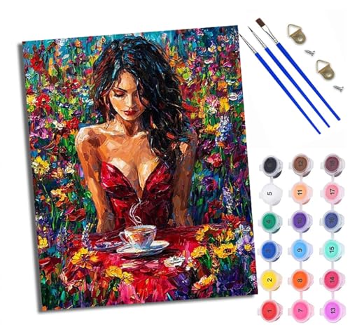 Malen nach Zahlen Erwachsene Malsets für Erwachsene mit PinselnFrau im roten Kleid inmitten von Blumen Malen nach Zahlen auf Leinwand Acryl Pigment Kunsthandwerk 40 x 50 cm(rahmenlos) von WXRWANG