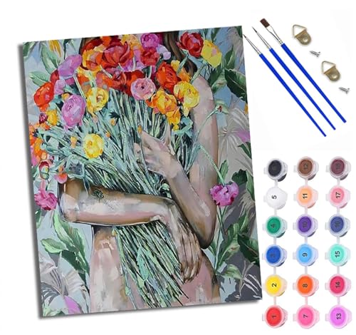 Malen nach Zahlen Erwachsene Malsets für Erwachsene mit PinselnMenschliche Figur mit Blumen Malen nach Zahlen auf Leinwand Acryl Pigment Kunsthandwerk 40 x 50 cm(rahmenlos) von WXRWANG