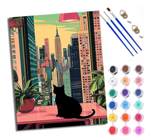 Malen nach Zahlen Erwachsene Malsets für Erwachsene mit PinselnSchwarze Katze mit Blick über die Stadt Malen nach Zahlen auf Leinwand Acryl Pigment Kunsthandwerk 40 x 50 cm(rahmenlos) von WXRWANG