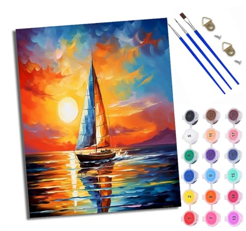 Malen nach Zahlen Erwachsene Malsets für Erwachsene mit PinselnSonnenuntergang Segelboot Meerblick Malen nach Zahlen auf Leinwand Acryl Pigment Kunsthandwerk 40 x 50 cm(rahmenlos) von WXRWANG