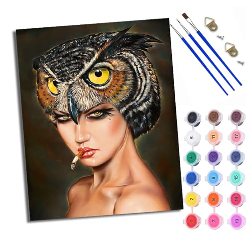 WXRWANG Malen Nach Zahlen DIY auf Leinwand Kit für Anfänger Eule Schönheit Rauchen Mit Acryl Farben und Premium Pinsel 40x50CM Home Deko oder Geburtstag Weihnachten Geschenk von WXRWANG