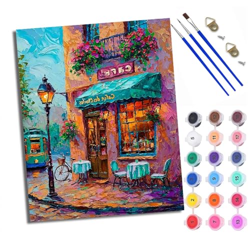 WXRWANG Malen Nach Zahlen DIY auf Leinwand Kit für Anfänger Farbige Straßenlaternen im Café Mit Acryl Farben und Premium Pinsel 40x50CM Home Deko oder Geburtstag Weihnachten Geschenk von WXRWANG