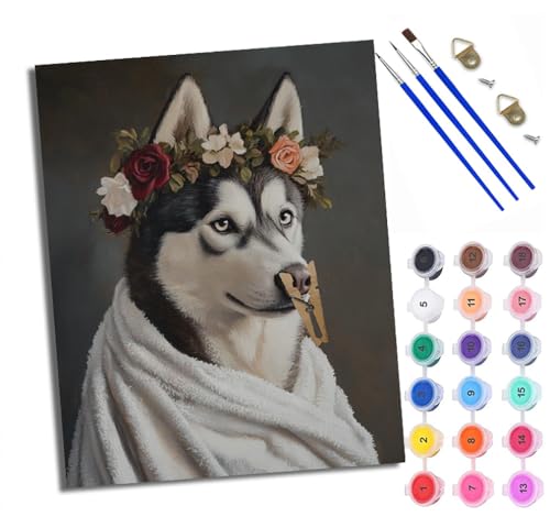 WXRWANG Malen Nach Zahlen DIY auf Leinwand Kit für Anfänger Husky mit eingeklemmter Nase Mit Acryl Farben und Premium Pinsel 40x50CM Home Deko oder Geburtstag Weihnachten Geschenk von WXRWANG