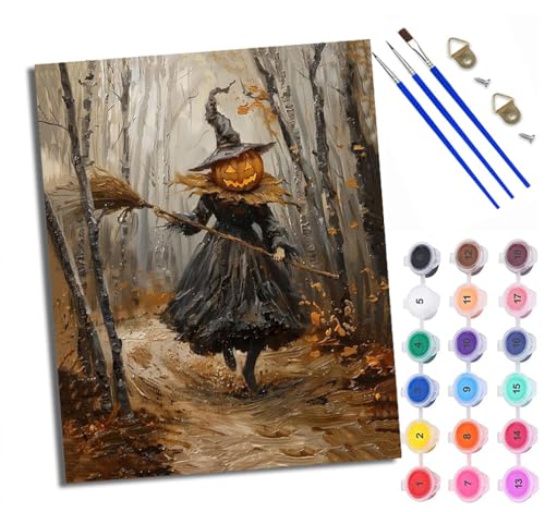 WXRWANG Malen Nach Zahlen DIY auf Leinwand Kit für Anfänger Kürbiskopfhexe Mit Acryl Farben und Premium Pinsel 40x50CM Home Deko oder Geburtstag Weihnachten Geschenk von WXRWANG