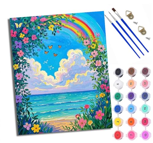 WXRWANG Malen Nach Zahlen DIY auf Leinwand Kit für Anfänger Regenbogen bunte Blumen Mit Acryl Farben und Premium Pinsel 40x50CM Home Deko oder Geburtstag Weihnachten Geschenk von WXRWANG