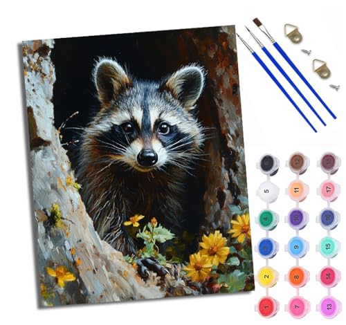 WXRWANG Malen Nach Zahlen DIY auf Leinwand Kit für Anfänger Süßer kleiner Waschbär Mit Acryl Farben und Premium Pinsel 40x50CM Home Deko oder Geburtstag Weihnachten Geschenk von WXRWANG