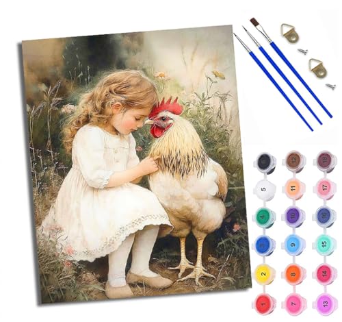WXRWANG Malen Nach Zahlen Erwachsene Paint by Numbers Malen Nach Zahlen mit Pinseln und Acrylfarben Bauernmädchen und Huhn Handgemalte Ölgemälde Leinwand für Home Décor Ohne Rahmen von WXRWANG