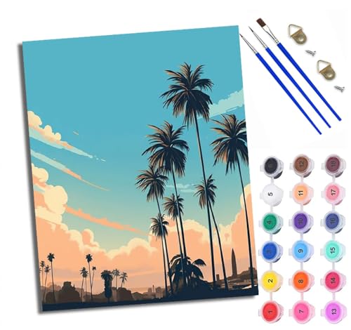 WXRWANG Malen Nach Zahlen Erwachsene Paint by Numbers Malen Nach Zahlen mit Pinseln und Acrylfarben Blauer Himmel, weiße Wolken, Kokospalmen Handgemalte Ölgemälde Leinwand für Home Décor Ohne Rahmen von WXRWANG