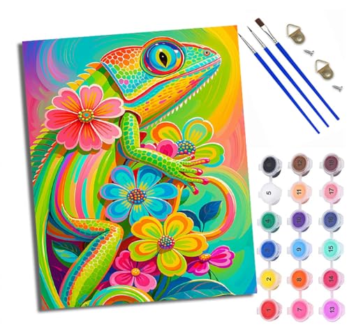 WXRWANG Malen Nach Zahlen Erwachsene Paint by Numbers Malen Nach Zahlen mit Pinseln und Acrylfarben Chamäleon hält Blume Handgemalte Ölgemälde Leinwand für Home Décor Ohne Rahmen von WXRWANG