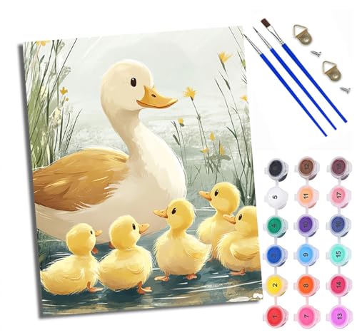 WXRWANG Malen Nach Zahlen Erwachsene Paint by Numbers Malen Nach Zahlen mit Pinseln und Acrylfarben Entenmutter und Entenküken Handgemalte Ölgemälde Leinwand für Home Décor Ohne Rahmen von WXRWANG