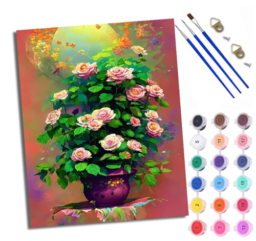 WXRWANG Malen Nach Zahlen Erwachsene Paint by Numbers Malen Nach Zahlen mit Pinseln und Acrylfarben Rosa Rosen in der Vase Handgemalte Ölgemälde Leinwand für Home Décor Ohne Rahmen von WXRWANG