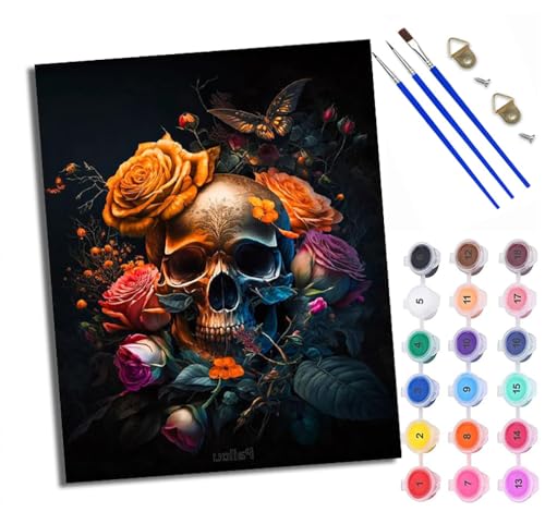 WXRWANG Malen Nach Zahlen Erwachsene Paint by Numbers Malen Nach Zahlen mit Pinseln und Acrylfarben Rosen-Schmetterlings-Schädel Handgemalte Ölgemälde Leinwand für Home Décor Ohne Rahmen von WXRWANG