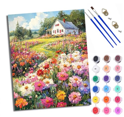 WXRWANG Malen Nach Zahlen Erwachsene Paint by Numbers Malen Nach Zahlen mit Pinseln und Acrylfarben Schönes Blumenfeldhäuschen Handgemalte Ölgemälde Leinwand für Home Décor Ohne Rahmen von WXRWANG