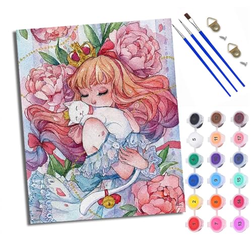 WXRWANG Malen Nach Zahlen Erwachsene Paint by Numbers Malen Nach Zahlen mit Pinseln und Acrylfarben Süße Schönheit und Katze Handgemalte Ölgemälde Leinwand für Home Décor Ohne Rahmen von WXRWANG