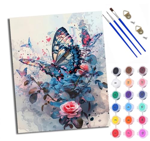WXRWANG Malen Nach Zahlen Erwachsene Paint by Numbers Malen Nach Zahlen mit Pinseln und Acrylfarben Tinte Schmetterling Rose Handgemalte Ölgemälde Leinwand für Home Décor Ohne Rahmen von WXRWANG