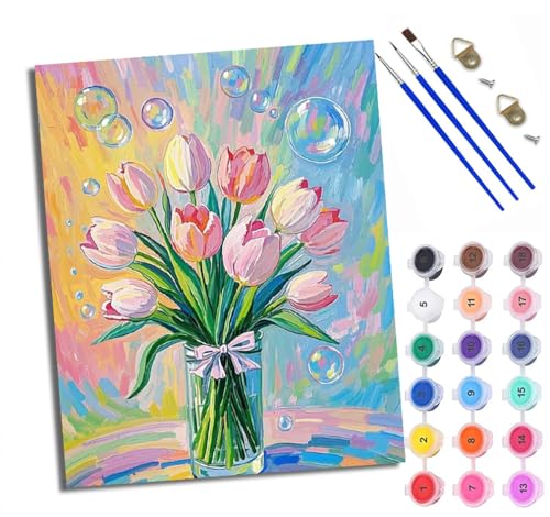 WXRWANG Malen Nach Zahlen Erwachsene Paint by Numbers Malen Nach Zahlen mit Pinseln und Acrylfarben Tulpenblasenvase Handgemalte Ölgemälde Leinwand für Home Décor Ohne Rahmen von WXRWANG
