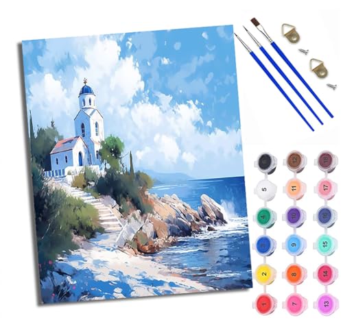 WXRWANG Malen Nach Zahlen ErwachseneBlaues Himmel-Meereshäuschen DIY handgemaltes Ölgemälde Set für Anfänger und Erwachsene Acrylfarbe Kreative Heimdekoration Geschenk Weihnachten von WXRWANG
