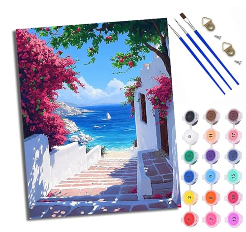 WXRWANG Malen Nach Zahlen ErwachseneBlumenweg am Meer DIY handgemaltes Ölgemälde Set für Anfänger und Erwachsene Acrylfarbe Kreative Heimdekoration Geschenk Weihnachten von WXRWANG