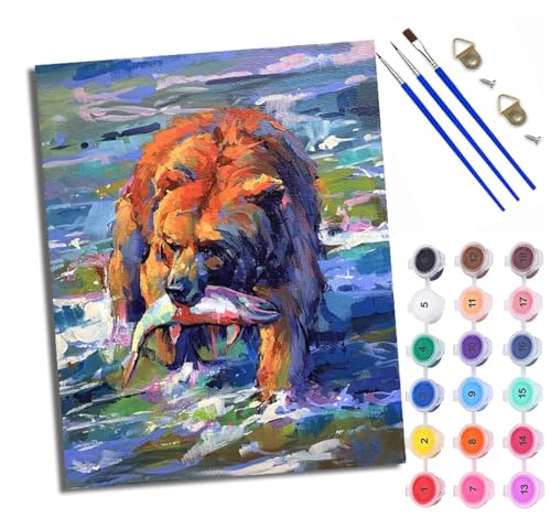 WXRWANG Malen Nach Zahlen ErwachseneBraunbärenfischen DIY handgemaltes Ölgemälde Set für Anfänger und Erwachsene Acrylfarbe Kreative Heimdekoration Geschenk Weihnachten von WXRWANG