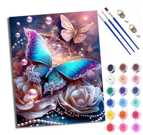 WXRWANG Malen Nach Zahlen ErwachseneBunte Schmetterlingsblumen DIY handgemaltes Ölgemälde Set für Anfänger und Erwachsene Acrylfarbe Kreative Heimdekoration Geschenk Weihnachten von WXRWANG