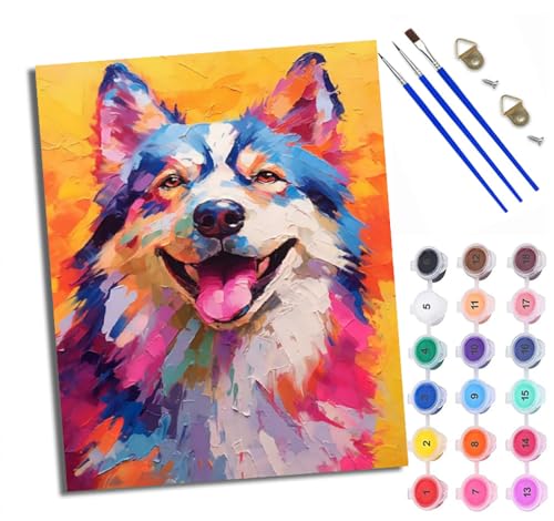 WXRWANG Malen Nach Zahlen ErwachseneBunter Alaskan Hund DIY handgemaltes Ölgemälde Set für Anfänger und Erwachsene Acrylfarbe Kreative Heimdekoration Geschenk Weihnachten von WXRWANG