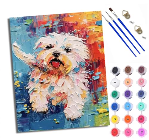 WXRWANG Malen Nach Zahlen ErwachseneBunter süßer Bichon Frise DIY handgemaltes Ölgemälde Set für Anfänger und Erwachsene Acrylfarbe Kreative Heimdekoration Geschenk Weihnachten von WXRWANG