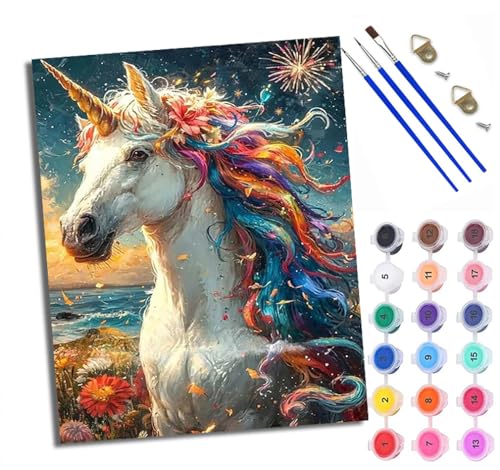WXRWANG Malen Nach Zahlen ErwachseneEinhorn mit bunter Mähne DIY handgemaltes Ölgemälde Set für Anfänger und Erwachsene Acrylfarbe Kreative Heimdekoration Geschenk Weihnachten von WXRWANG