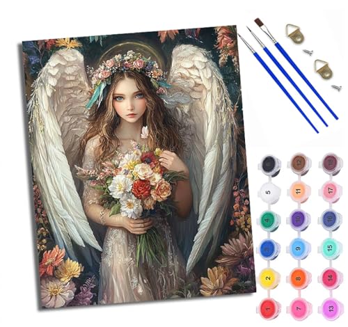 WXRWANG Malen Nach Zahlen ErwachseneEngel Mädchen mit Blumen DIY handgemaltes Ölgemälde Set für Anfänger und Erwachsene Acrylfarbe Kreative Heimdekoration Geschenk Weihnachten von WXRWANG