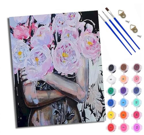 WXRWANG Malen Nach Zahlen ErwachseneFigur mit rosa Blumen DIY handgemaltes Ölgemälde Set für Anfänger und Erwachsene Acrylfarbe Kreative Heimdekoration Geschenk Weihnachten von WXRWANG