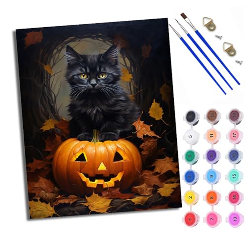 WXRWANG Malen Nach Zahlen ErwachseneKürbislaterne und schwarze Katze DIY handgemaltes Ölgemälde Set für Anfänger und Erwachsene Acrylfarbe Kreative Heimdekoration Geschenk Weihnachten von WXRWANG