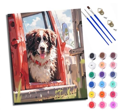 WXRWANG Malen Nach Zahlen ErwachseneNiedlicher Welpe im Auto DIY handgemaltes Ölgemälde Set für Anfänger und Erwachsene Acrylfarbe Kreative Heimdekoration Geschenk Weihnachten von WXRWANG