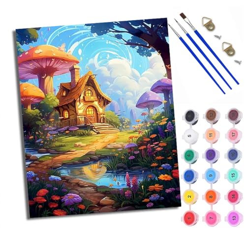 WXRWANG Malen Nach Zahlen ErwachsenePilzhaus Märchen DIY handgemaltes Ölgemälde Set für Anfänger und Erwachsene Acrylfarbe Kreative Heimdekoration Geschenk Weihnachten von WXRWANG
